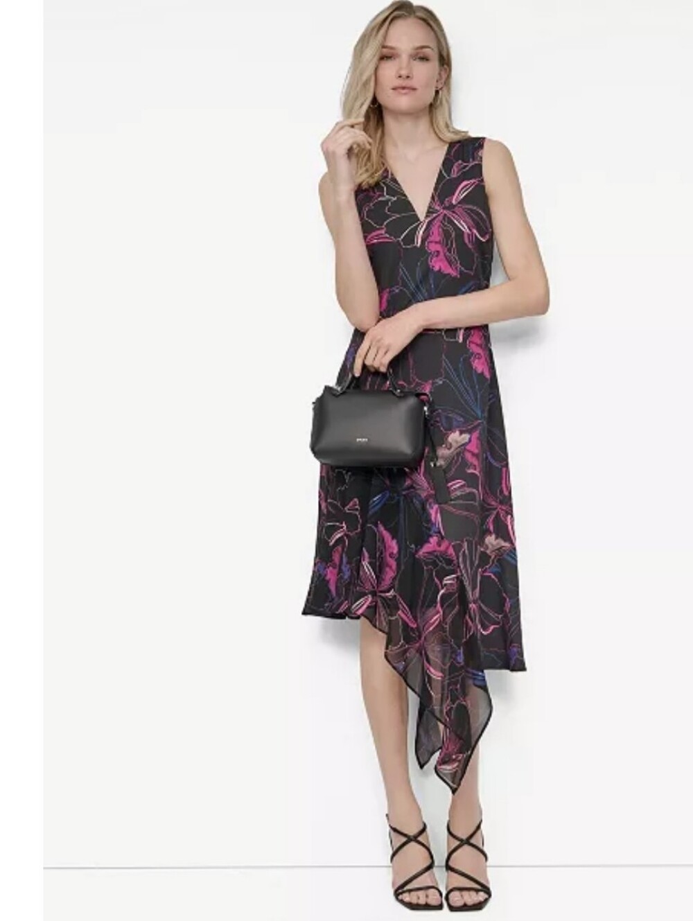 DKNY Black Floral Chiffon Midi Dress Size 10 NWT Asymmetrical Hem V Neck $139